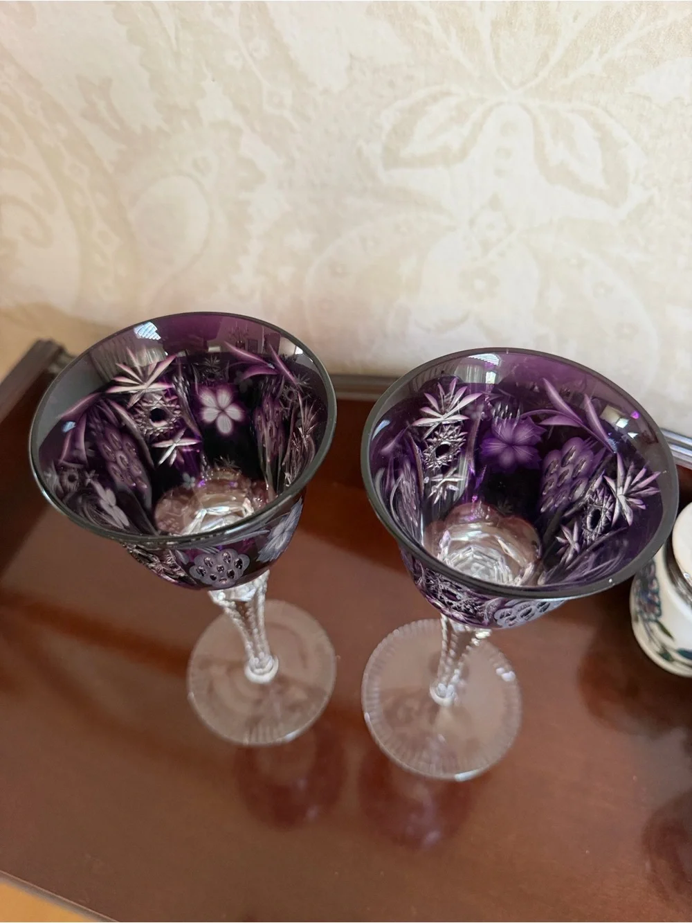 Purple Etched Crystal Wine Goblets - Set of 2